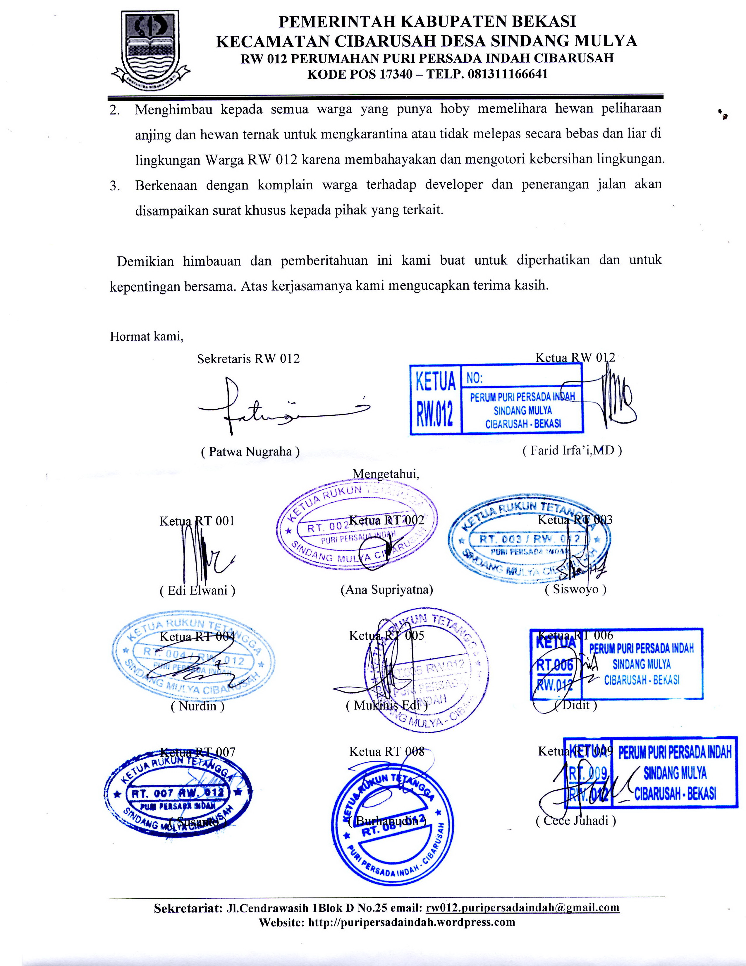 Surat Himbauan Ketua Rw 012 Forum Silaturahmi Warga Puri